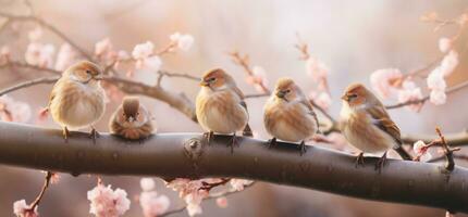 ai generado un grupo de aves son sentado en un rama en el jardín, foto