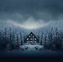 AI generated a house is surrounded by snow in a pine forest, photo