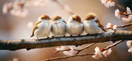 ai generado un grupo de aves son sentado en un rama en el jardín, foto