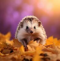 AI generated a cute hedgehog posing against a yellow leaf, photo