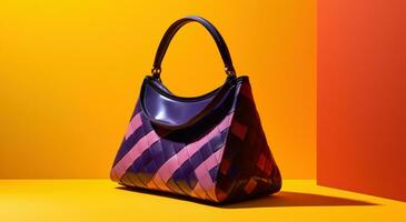 AI generated a colorful woven bag sits against an orange, yellow and purple background, photo