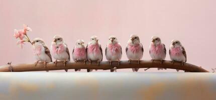 AI generated a bunch of sparrows sitting on a branch in front of a pink flower bouquet, photo