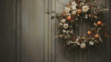 AI generated Generative AI, Close up Christmas wreath, dried branches, red berries, pine, balls and flowers on dark moody floral textured background. photo