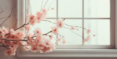 AI generated a branch of pink petals is viewed out of a window, photo