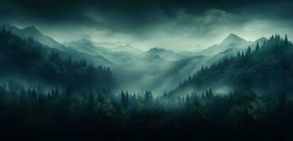 AI generated a big mountain forest covered with fog and trees, photo