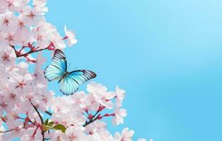 AI generated a blue backdrop with blooming blossoms, butterflies and blossoms, photo