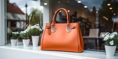AI generated a brown leather handbag in the window of a shopping store, photo