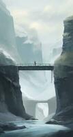 AI generated a bridge with snow covered cliffs and grass, monochromatic white figures, photo