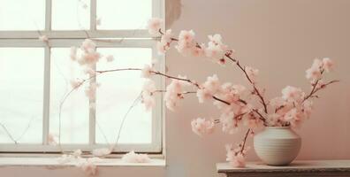 AI generated a branch of pink petals is viewed out of a window, photo