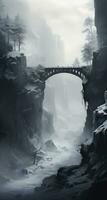 AI generated a bridge with snow covered cliffs and grass, monochromatic white figures, photo