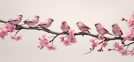 AI generated a bunch of sparrows sitting on a branch in front of a pink flower bouquet, photo