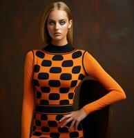 ai generado un hermosa modelo atuendo con un naranja polca punto suéter, foto