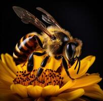 AI generated a bee on a black background with a yellow flower, photo