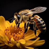 AI generated a bee on a black background with a yellow flower, photo