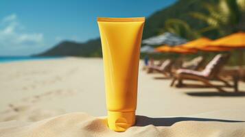 AI generated yellow cosmetic sunscreen with blank front, photo