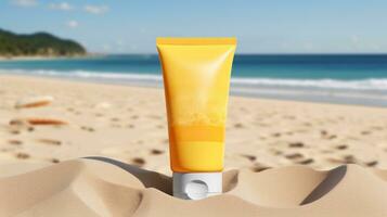 AI generated yellow cosmetic sunscreen with blank front, photo