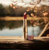 AI generated a lipstick is shown sitting on a wooden bench beside a natural lake, photo