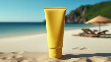 AI generated yellow cosmetic sunscreen with blank front, photo