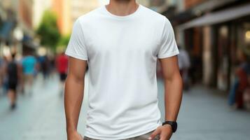 AI generated Young man athlete in casual white t-shirt realistic on a mockup template in a street in a summer city photo