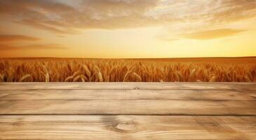 AI generated wooden table on background of a wheat field and sunset, photo