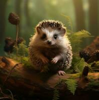 AI generated a baby hedgehog sits still and looking at the camera, photo