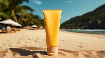 AI generated yellow cosmetic sunscreen with blank front, photo