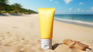 AI generated yellow cosmetic sunscreen with blank front, photo