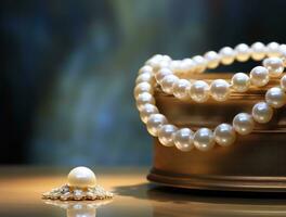 AI generated white pearl necklace on display, photo