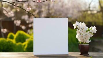 AI generated White greeting card with blank front, realistic on a mockup template in a wooden table in a easter luxuty background in home inside, photo
