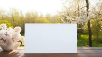 AI generated White greeting card with blank front, realistic on a mockup template in a wooden table in a easter luxuty background in home inside, photo