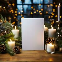 AI generated White greeting card with blank front, realistic on a mockup template in a wooden table in a christmas luxuty background in home inside, photo