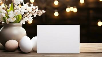 AI generated White greeting card with blank front, realistic on a mockup template in a wooden table in a easter luxuty background in home inside, photo