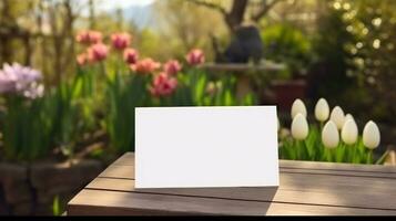 AI generated White greeting card with blank front, realistic on a mockup template in a wooden table in a easter luxuty background in home inside, photo