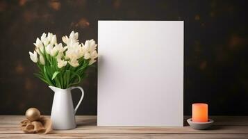 AI generated White greeting card with blank front, realistic on a mockup template in a wooden table in a easter luxuty background in home inside, photo