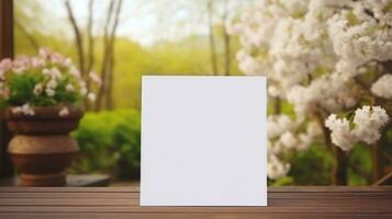 AI generated White greeting card with blank front, realistic on a mockup template in a wooden table in a easter luxuty background in home inside, photo