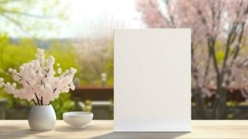 AI generated White greeting card with blank front, realistic on a mockup template in a wooden table in a easter luxuty background in home inside, photo