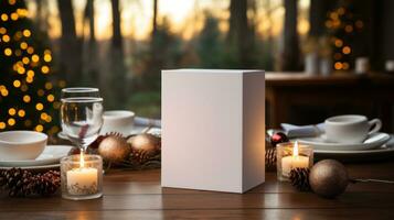 AI generated White greeting card with blank front, realistic on a mockup template in a wooden table in a christmas luxuty background in home inside, photo