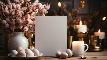 AI generated White greeting card with blank front, realistic on a mockup template in a wooden table in a easter luxuty background in home inside, photo