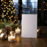 ai generado blanco saludo tarjeta con blanco frente, realista en un Bosquejo modelo en un de madera mesa en un Navidad lujo antecedentes en hogar adentro, foto