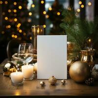 AI generated White greeting card with blank front, realistic on a mockup template in a wooden table in a christmas luxuty background in home inside, photo