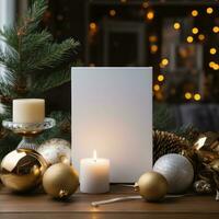 ai generado blanco saludo tarjeta con blanco frente, realista en un Bosquejo modelo en un de madera mesa en un Navidad lujo antecedentes en hogar adentro, foto