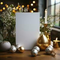 AI generated White greeting card with blank front, realistic on a mockup template in a wooden table in a christmas luxuty background in home inside, photo