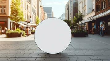 AI generated white minimal circular shop signboard with blank front on a mockup template in a street in a summer city , photo