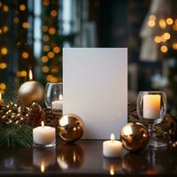 AI generated White greeting card with blank front, realistic on a mockup template in a wooden table in a christmas luxuty background in home inside, photo