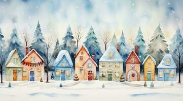 AI generated watercolor christmas village of cottages yankee townscape, photo