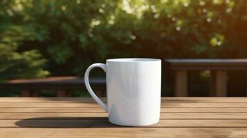 AI generated white coffee cup with blank front, realistic on a mockup template in a wooden table in a spring garden photo