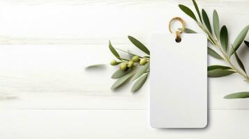 AI generated white blank tag with blank front realistic on a mockup template in a white wooden table with olive leaf branch photo