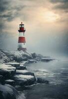 AI generated water lighthouse seashore and fog, photo