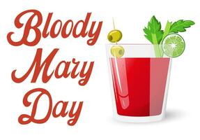 Bloody Mary day. 1 January. Glass of bloody mary cocktail with celery, olives and lime isolated on white. In cartoon style.Vector illustration vector