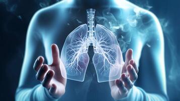 AI generated Smoker lungs 3d organ hologram held by man ai generated biotechnology close-up image photo